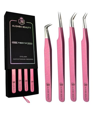 Alishba Beauty Eyelash Extension Glitter Sparkle Tweezers  Precision Fiber Tip Grip Japanes Stainless Steel (Set of 4 Eyelash Tweezer Glitter Pink)