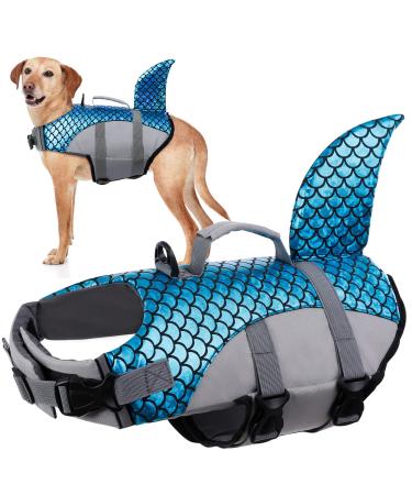 Rescue vest for dogs dog swimming vest adjustable safety jacket for dog blame shark safety vest lifesaver swimming training summer bathroom clothing for dogs (blue XL) XL blue