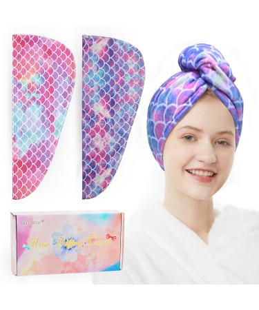 ELLEWIN Microfiber Hair Towel Wrap for Kids Girls 2 Pack Hair Turban Drying for Women Children Mothers Day Gifts Set Absorbent Quick Dry Twisty Anti Frizz Towel for Curly Long Thick Hair (Mermaid) Galaxy&multicolor-2pack