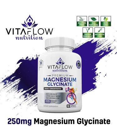 VitaFlow Nutrition Magnesium Glycinate Supplement - 60 Capsules 250mg - 30 Day Supply - High Absorption for Muscle, Heart, Bone & Nerve Support - Men & Women - Buy Online on GoSupps.com