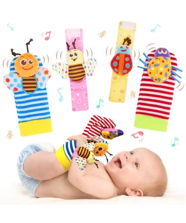 BLOOBLOOMAX Wrist Rattles Foot Finder Rattle Sock Baby Toddlor Toy,Rattle Toy,Arm Hand Bracelet Rattle,Feet Leg Ankle Socks, Present Gift for Newborn Infant Babies Boy Girl Bebe (4 Bugs)