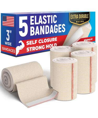 Premium Elastic Bandage Wrap - 3 (5pk) - Strong Compression - Self-Closing Reusable Bandages for Legs and Arms - Wrist Elbow Foot Knee Wrap