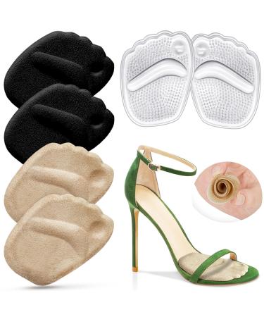 Metatarsal Pads for Women Anti Sliding Foot Pads for Open Toe Shoe Forefoot Pads for Women Ball of Foot Cushions Reduce Foot Pain Reusable Heel Pads Inserts for Too Big Shoe 3-Pair(Beige+Black+Clear)