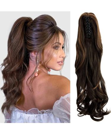 FXYTK Claw on Ponytail Clip in Ponytail Hair Extensions Hair Piece Clip on Pony Tail Hair Extension Claw Jaw Ponytail Extensions 18" Curly Dark Brown Mix Light Auburn 18 Inch-Curly Dark Brown Mix Light Auburn-18" Curly