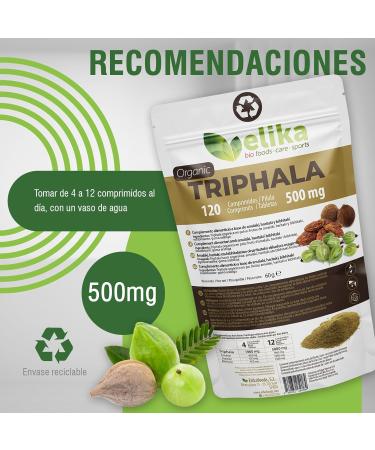 BIO Triphala Elikafoods ORGANIC 120 tablets of 500 mg Cleanses and detoxifies the colon Against constipation. Natural vegan and gluten free. Easy to take. Direct from the Himalayas - Buy Online on GoSupps.com