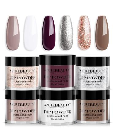 Dip Powder Nail Set, AZUREBEAUTY 6 Colors Classic Nude Collection Glitter Pure White Dipping Powder Starter Kit French Nail Art Manicure DIY Salon Home Gifts for Women ED-Glamour Desire