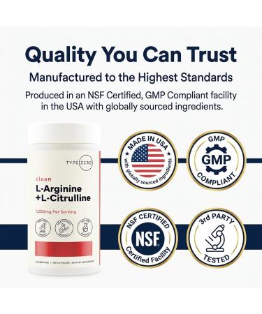 Type Zero L-Arginine + L-Citrulline Supplement (1500mg) - Nitric Oxide Booster - Clean Keto-Friendly GMO-Free 180 Capsules 90 Servings - Buy Online on GoSupps.com