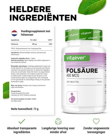 VitaminVersand24 DE Folic acid 400 g 365 tablets in a practical 12month supply Vitamin B9 for fertility & pregnancy High dosage High bioavailability Vegan - Buy Online on GoSupps.com