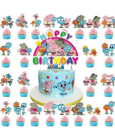 37pcs The Amazing World of Gumball Party Supplies Include 1pcs Big Cake Topper and 36pcs Cupcake Toppers for Gumball Birthday Party Cupcake Decorations.