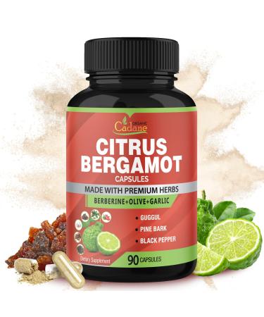 Organic Cadane Citrus Bergamot Supplement Extract Capsules 90 Capsules & Berberine Olive Guggul Garlic Pine Bark Black Pepper | Supports Overall Health Immune System | 3 Months Supply