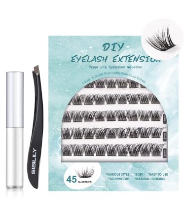 SISILILY Individual Lashes - 45 Cluster Lashes CC Curl DIY Eyelash Extension at Home - Hand-made Soft 3D False Eyelashes Cluster with Eyelash Glue and Tweezer - Easy to Use Save Time - DM10 45 clusters - DM10
