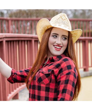 TOVOSO Western Cowgirl Hat - Beige | Shapeable Brim & Beaded Hearts Trim | Women's Straw Cowboy Hat - Buy Online on GoSupps.com