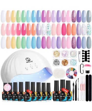 MEFA 52 PCS Gel Nail Polish Kit with UV Light  28 Colors Spring Summer Pastel Hot Pink Blue Bright Colors Nails Gel Polish Set No Wipe Base Top Coat & Manicure Tools  DIY at Home Salon Mother'day Gift C1-Dreamy Town 0.04...