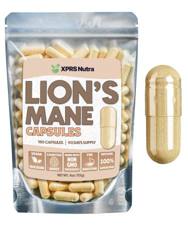 XPRS Nutra Organic Lions Mane Supplement Capsules - 180 Count (90 Day Supply) of Premium Lion's Mane Mushroom for Mental Clarity, Cognition and Immunity Lions Mane Powder 180 Count (Pack of 1)