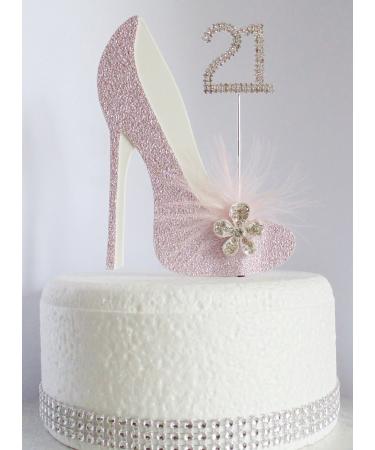 21st Pink and White Birthday Cake Decoration Shoe with Feathers and Crystal Flower Embellishments and Diamante Number Non- Edible (pink white feather 21)