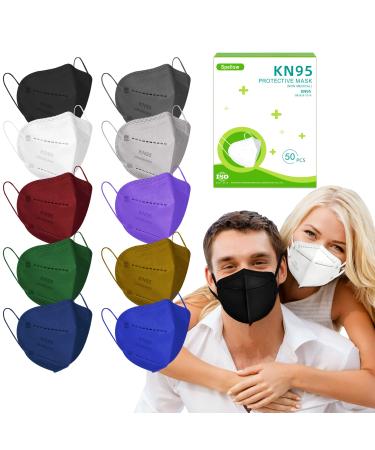 KN95 Face Masks for Men Women - 50 Pack 10 Colors Disposable Masks, 5-Layer Breathable Cup Dust Mask with Elastic Earloop&Nose Bridge Clip, Filter Efficiency95%