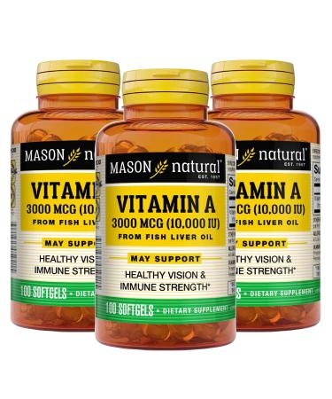 MASON NATURAL Vitamin A 3 000 mcg 10000 IU from Fish Liver Oil Promotes Healthy Vision Supports a Healthy Immune System Essential Nutrient Softgels Yellow 100 Count Pack of 3 - Buy Online on GoSupps.com