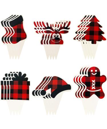 TSJ 24 PCS Christmas Cupcake Toppers Cake Decorations Xmas Cupcake Picks Christmas Party Decorations Red Black Grid - Buy Online on GoSupps.com