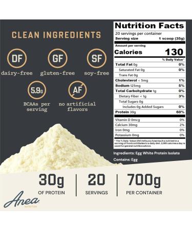 Anea Egg White Protein Isolate - Unflavored | 30g Protein | Fat-Free | 5.9g BCAA | Complete Amino Acid Profile | Dairy-Free Gluten-Free | Neutral Flavor for Shakes & Recipes | Made in GMP Facility - Buy Online on GoSupps.com