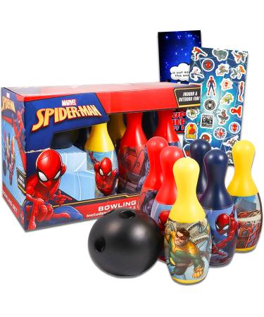 Spiderman Bowling Games Activities Bundle for Toddlers, Kids - 3 Pc Marvel Superhero Bowling Set with Stickers, and More (Spiderman Playset)