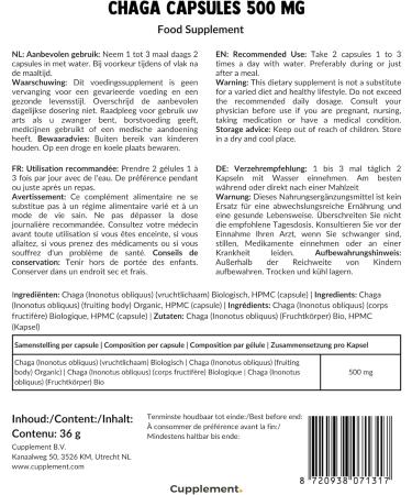 Cupplement | Chaga Capsules 60 pieces | Organic | 450 mg per capsule of the highest quality | 2 capsules per day | mushroom - Buy Online on GoSupps.com