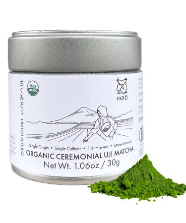 FKRO Organic Ceremonial Grade Matcha Green Tea Powder From Uji, Japan | Single Origin, First Harvest Japanese Matcha (30g/1.06oz) Tin Organic Premium Ceremonial Grade 1.06 Ounce (Pack of 1)