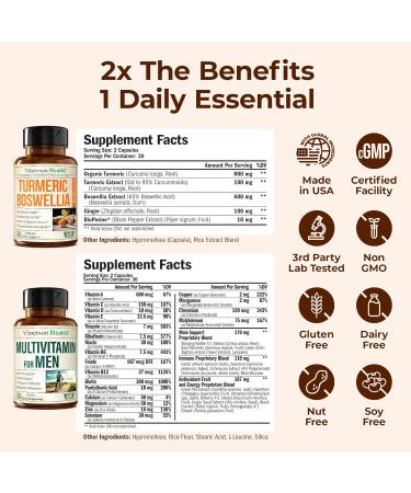 Boswellia Turmeric Curcumin Supplement + Multivitamin for Men Bundle Supports Joint Health & Complete Daily Wellness with Ginger Root Organic Turmeric Powder Methylated Vitamin B12 Zinc & More - Buy Online on GoSupps.com