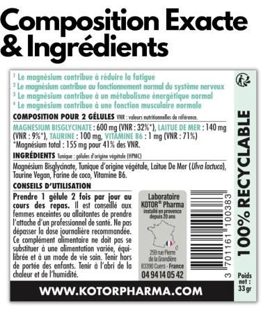 Magnesium Bisglycinate | 100% Natural | Fatigue Stress Sleep Sport + Sea Lettuce + Vitamin B6 + Taurine | 60 Capsules | French | KOTOR PHARMA - Buy Online on GoSupps.com