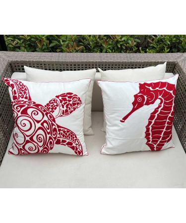 DECOPOW Embroidered Nautical Decor Pillow Cover - Red Seahorse Design | 18 Inches Canvas Pillow Cover for Nautical Style Decor - Buy Online on GoSupps.com