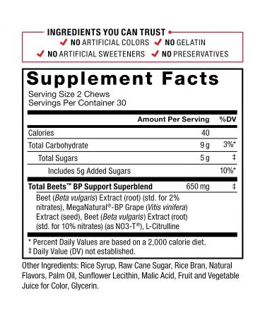 Force Factor Total Beets Blood Pressure Support Supplement - 120 Beets Chewables, Heart-Healthy Energy & Nitric Oxide Booster - 2-Pack - Buy Online on GoSupps.com