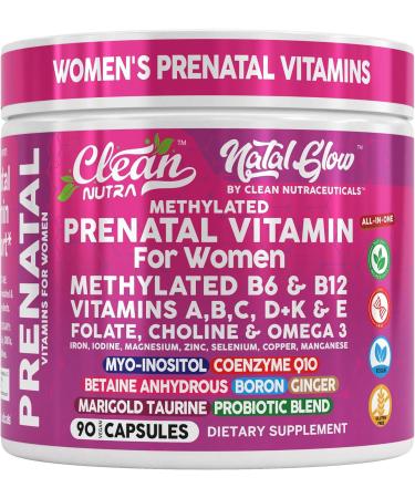 Natal Glow Methylated Prenatal Vitamins for Women Folate Omega 3 Vitamins A B12 C D3 E K2 Iron Riboflavin Biotin Choline Calcium Iodine Magnesium Zinc Selenium Copper Manganese by Clean Nutra - Buy Online on GoSupps.com