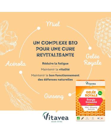 Vitavea - Organic Natural Defenses Revitalizing Food Supplement - Royal Jelly Ginseng Vitamin C Acerola Honey - 100% Organic Formula - 10 ampoules - 10 Day Cure - Made in France - Buy Online on GoSupps.com