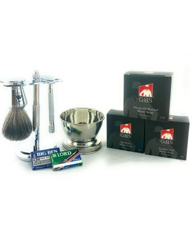 G.B.S Men's Grooming Kit DE Safety Razor "MK 23" Badger Brush Chrome Brush And Razor Stand Chrome Bowl 3 Natural Shave Soaps Includes Double Edge Blades|