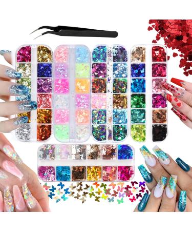 Careuoklab 5 Boxes Nail Art Glitter Sequins  Irregular Colorful Mermaid Iridescent Glitter Flakes Hearts Butterfly Holographic Nail Art Decoration Sets for Craft DIY Makeup Mixed Set C