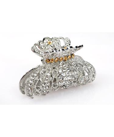 TROTH FASHION Metal Antique Silver Plated Hair Clips Women Crystal Rhinestone Hair Claw Diamante Claw Hair Clamp Anti Slip Large Claw Clips for Thin & Thick Hair Hair Styling Accessories Women Antique Silver Crystal White