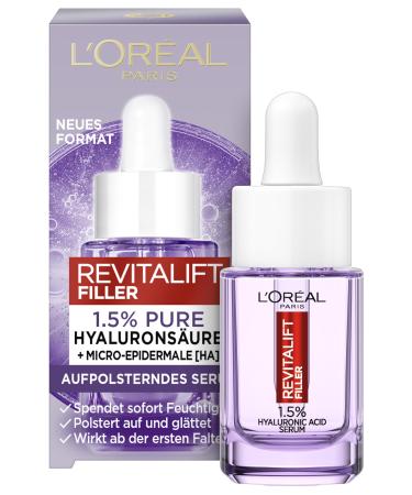 L'Oréal Paris Mini Plumping Serum for Women: For Wrinkle Reduction and Youthful, Plumped Skin with [1.5% Hyaluronic Acid] Revitalift Filler 1 x 15 ml