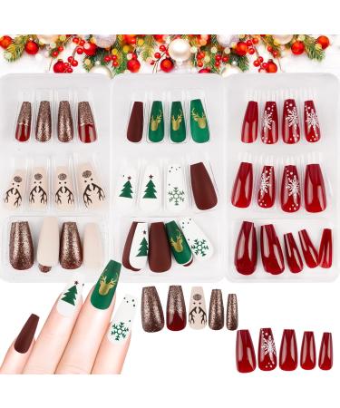 Shop Flofia 72 Pth Short Christmas Fake Nails - Ballerina Style with Snowflakes & Reindeer | DIY Nail Art in Pink White & Green - International Shipping - Buy Online on GoSupps.com