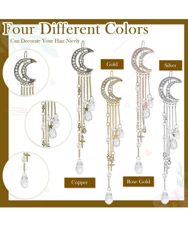 Rhinestone Moon Star Hair Clips - Set of 4 | Crystal Beads Tassel Pins | Bridal Charm Hair Accessories for Women and Girls - Buy Online on GoSupps.com
