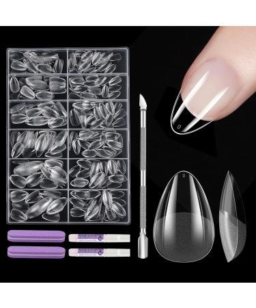 EARLMONI Short Almond Nail Tips - 432 pieces Prepolished Artificial Nail Tips Set 12 Sizes Full Cover Soft Gel Nail Tips with Glue Nail File Cuticle Pusher XS Short Almond Nail Tips Set