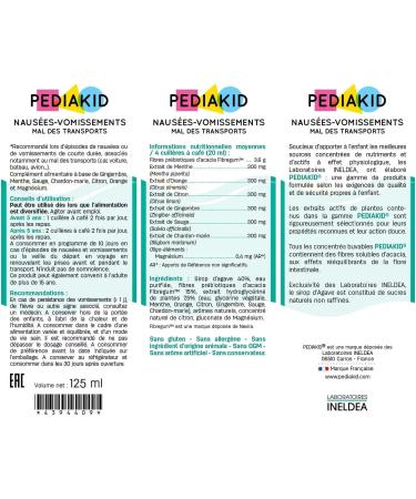 PEDIAKID - Nausea-Vomiting Sickness of Transport - Herbal supplement - Digestive comfort - Against nausea & vomiting - Lemon taste - Pack of 2 bottles of 125 ml - Buy Online on GoSupps.com