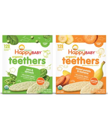 Happy Baby Organics Gluten Free Organic Teethers 2 Flavor Variety Pack (Pea & Spinach/Sweet Potato & Banana) 12 Count (Pack of 2) Pea Spinach & Sweet Potato Banana 12 Count (Pack of 2)