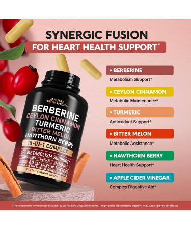 Berberine with Ceylon Cinnamon | Bitter Melon (Karela) | Apple Cider Vinegar | Hawthorn Berry | Citrus Bergamot | Turmeric - 15-in-1 Supplement for Heart Support Metabolism & Energy - 60 Capsules - Buy Online on GoSupps.com