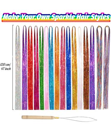 16 Colors Hair Tinsel Extensions with Tools Holographic Sparkle Glitter Highlights Hairpieces 47Inch Colorful Straight Shiny Tinsel Long Dazzle Synthetic Hair for Women Girls Party Decoration - Buy Online on GoSupps.com