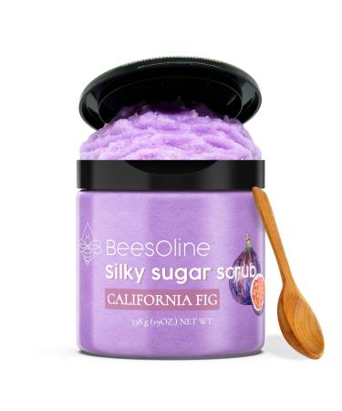 Silky Sugar Scrub by BeesOline - Premium Fine Cane Sugar | CALIFORNIA FIG Scented - Extra Large 19oz Convienent Flip-Top Lid Organic Sunflower Oil & COCONUT OIL for Smooth Gentle Exfoliation