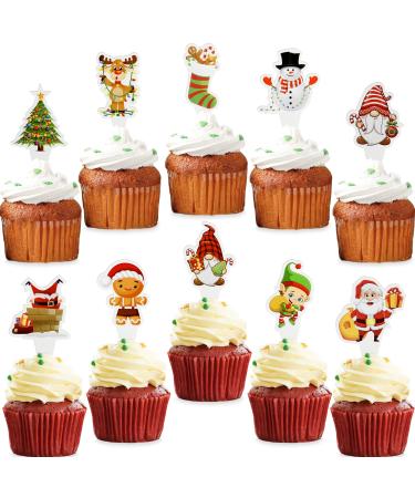 Christmas Cupcake Toppers | 30 Pcs Holiday Set | Xmas Santa Gingerbread Man Snowman Designs | Christmas Party Baking Decorations | Xmas Reindeer Gnome Elf plus Stocking Cake Toppers | By BASHOUT