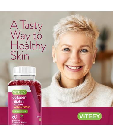 Collagen & Biotin 10,000mcg Gummies for Hair, Skin & Nails Support - 60 Count, Raspberry Flavored - Gluten Free & Non GMO - Dietary Vitamin Supplements for Adults, Teens & Kids - Buy Online on GoSupps.com