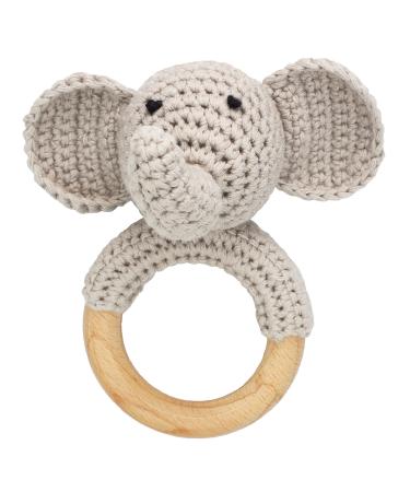 Joliecraft Woodlands Friends Baby Rattle Shaker Toy with Wooden Teething Ring Gray Elephant