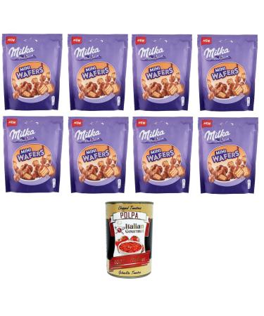 Milka Mini Wafers, wafer ricoperto di cioccolato al latte delle alpi waffle wrapped in Alpine milk chocolate 8 x 110 g + Italian Gourmet Polpa 400 g