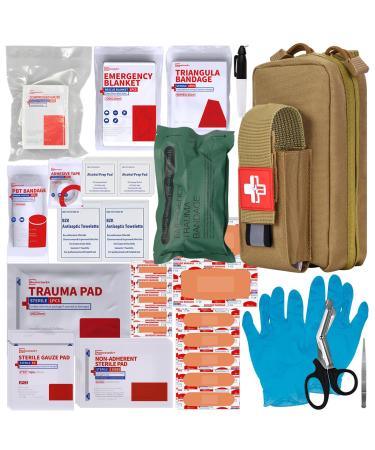 Trauma Kit with Tourniquet  Emergency Treatment Care EMT First Aid Kit for Severe Bleeding Control  Military Camping and Hiking  TAN  24 Piece Set