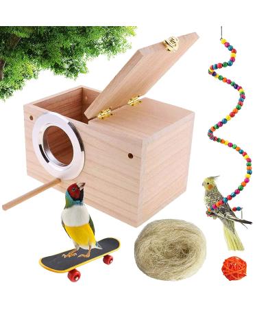 kathson Parrot Nest Breeding Box, Wood Bird Nest for Cage, Parakeet Nesting Box with Perches Pet House Natural Coconut Fiber Bird Toys for Parakeet Cockatoo Budgie Cockatiel Lovebirds (Small)